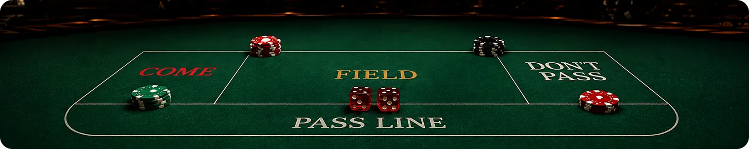 Main craps betting areas with dice and chips