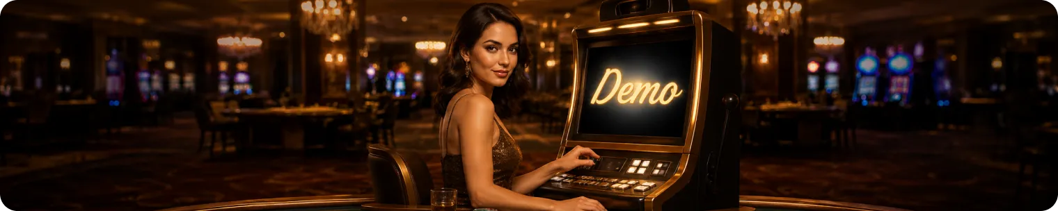 Woman playing demo slots in a luxurious casino