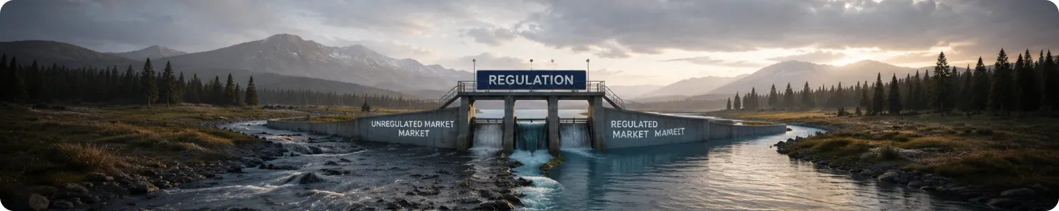 Concrete dam splitting turbulent and calm river streams, symbolising Alberta’s channelisation of unregulated iGaming into a regulated market