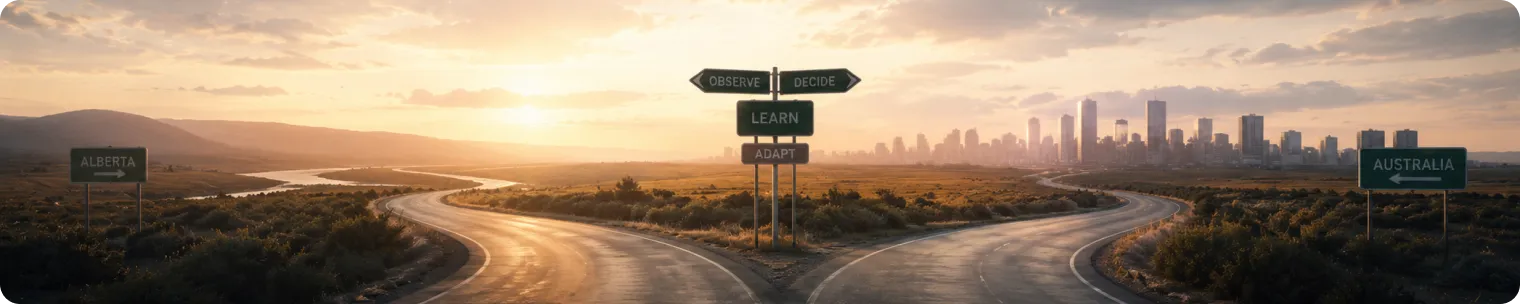 Forked road with Alberta and Australia signs, showing how Australia can observe and learn from Alberta without copying its exact path