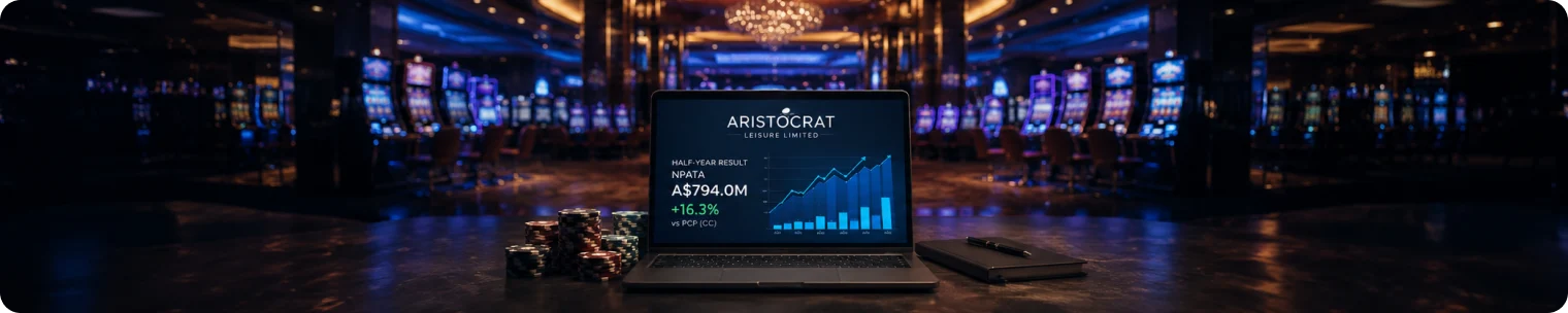 casino interior with a laptop showing Aristocrat half-year results, slot machines and gaming chips