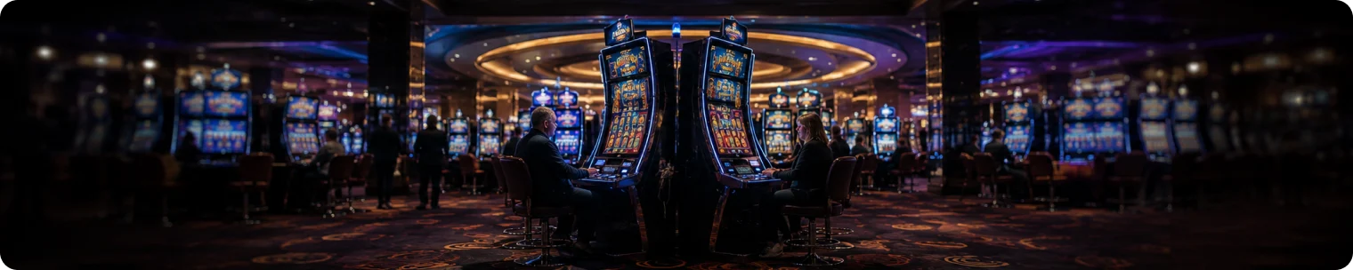 Casino floor with two players using slot machines under cinematic blue and gold lighting