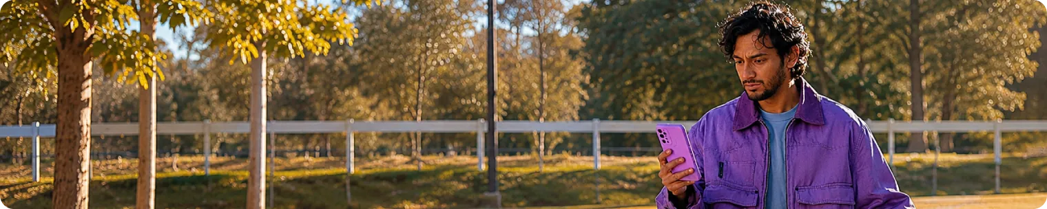 Man in a purple jacket checking his phone in a sunlit park