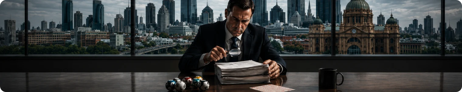 Man scrutinising lottery documents in a moody Melbourne office