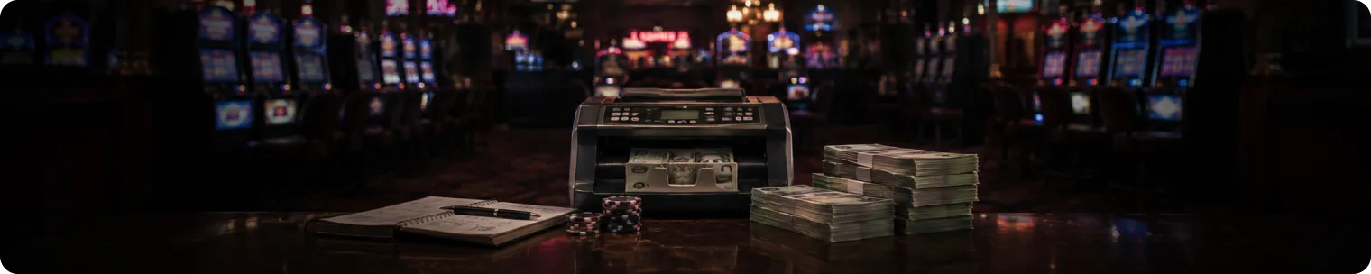 Cash and poker machines inside a dark casino