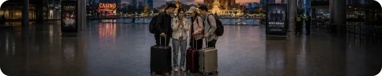 Group of travelers viewing phone warning at dusk