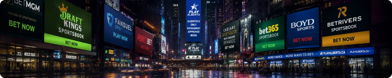 Sports betting ads competing for attention in a cityscape