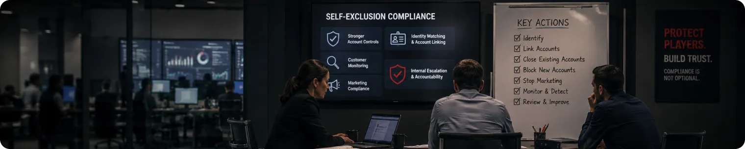 Compliance team reviewing self-exclusion controls