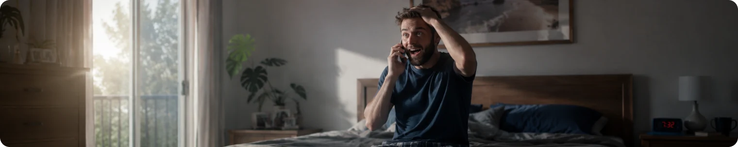 Surprised lottery winner answering a morning call in bed