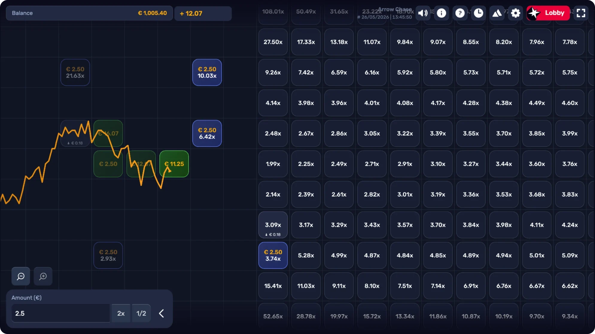 Arrow Chase game screen with multiplier blocks and live betting interface