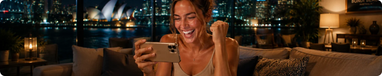 Happy Australian woman celebrating a mobile casino win at night