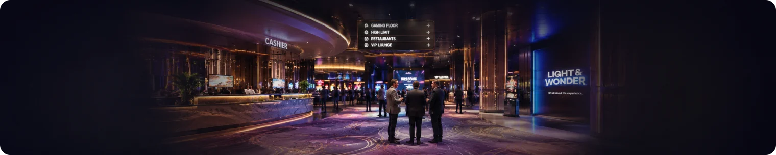 Wide casino interior with business figures discussing venue strategy under neon lights