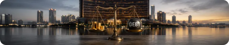 Debt balance scale at casino resort skyline