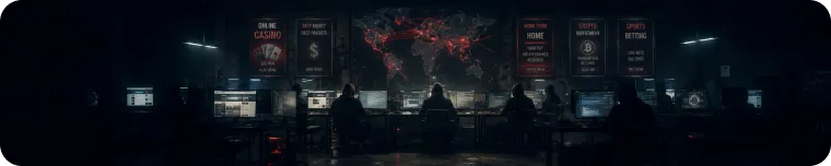 Cybercrime scam hub with gambling risk visuals