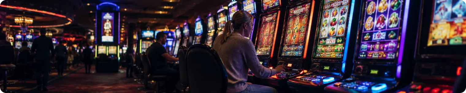 Players at brightly lit poker machines, highlighting how machine design shapes pokies harm
