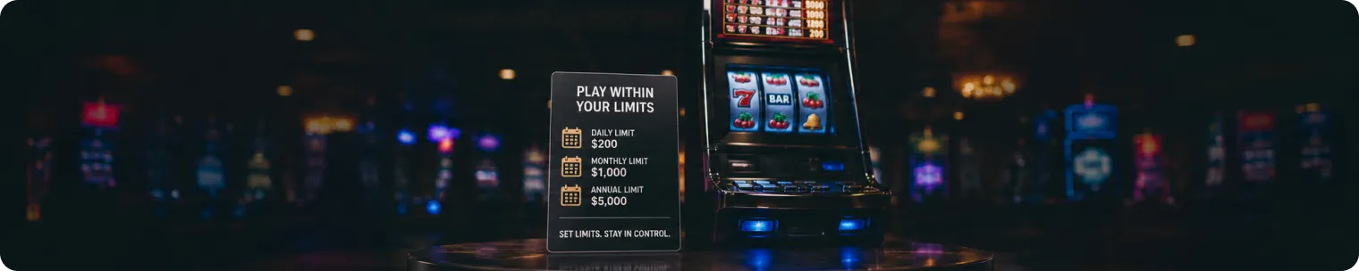 Responsible gaming limits sign beside a poker machine in a dim casino, illustrating why pokies loss limits are central to reform