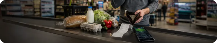 Grocery checkout with betting app on phone