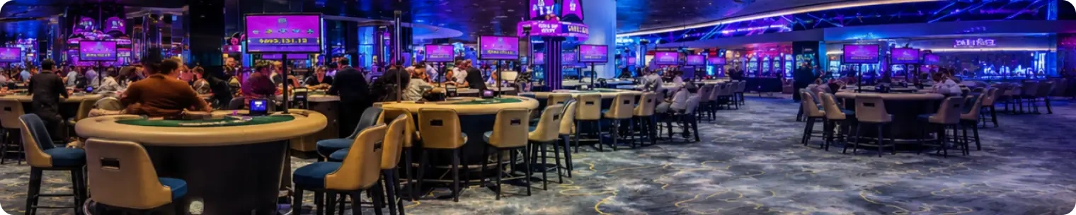 Modern casino floor with gaming tables, slot machines, neon lights and spacious interior design