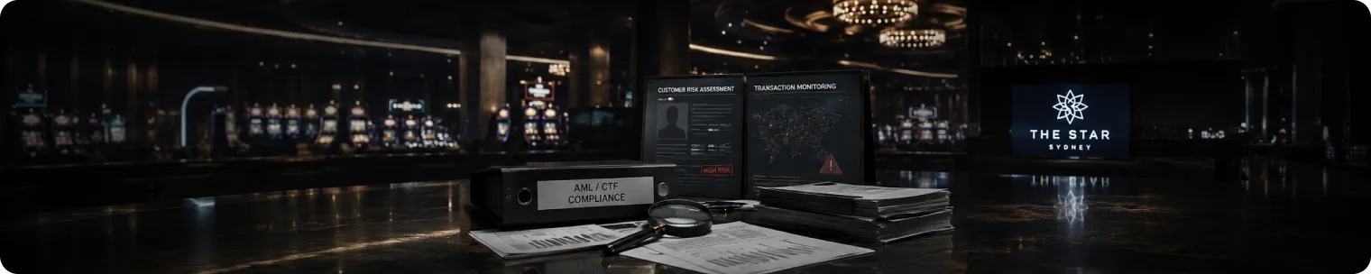 Casino compliance documents on a dark casino floor
