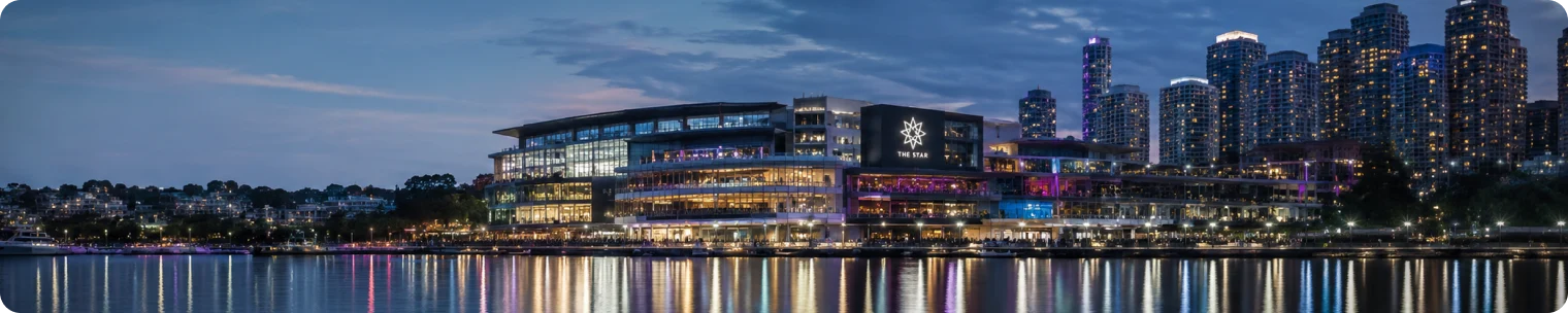 The Star Sydney waterfront at twilight with city lights, harbour reflections and the casino complex under regulatory scrutiny
