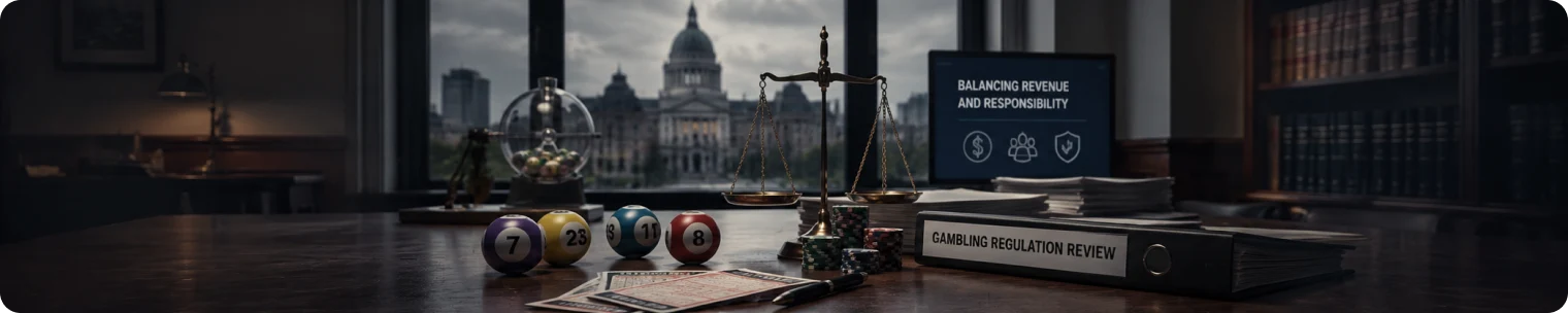 Gambling regulation review with lottery balls and legal papers