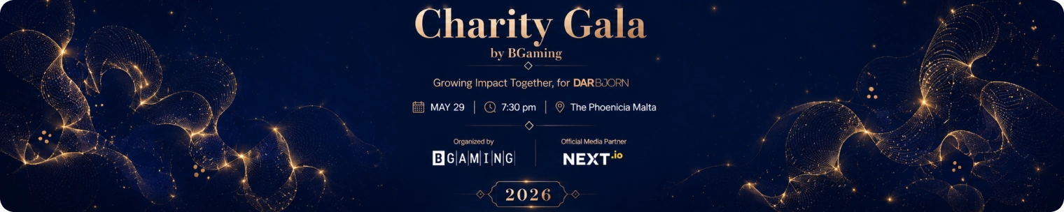 Ultra wide Charity Gala banner with gold light patterns event details and BGaming NEXT.io logos